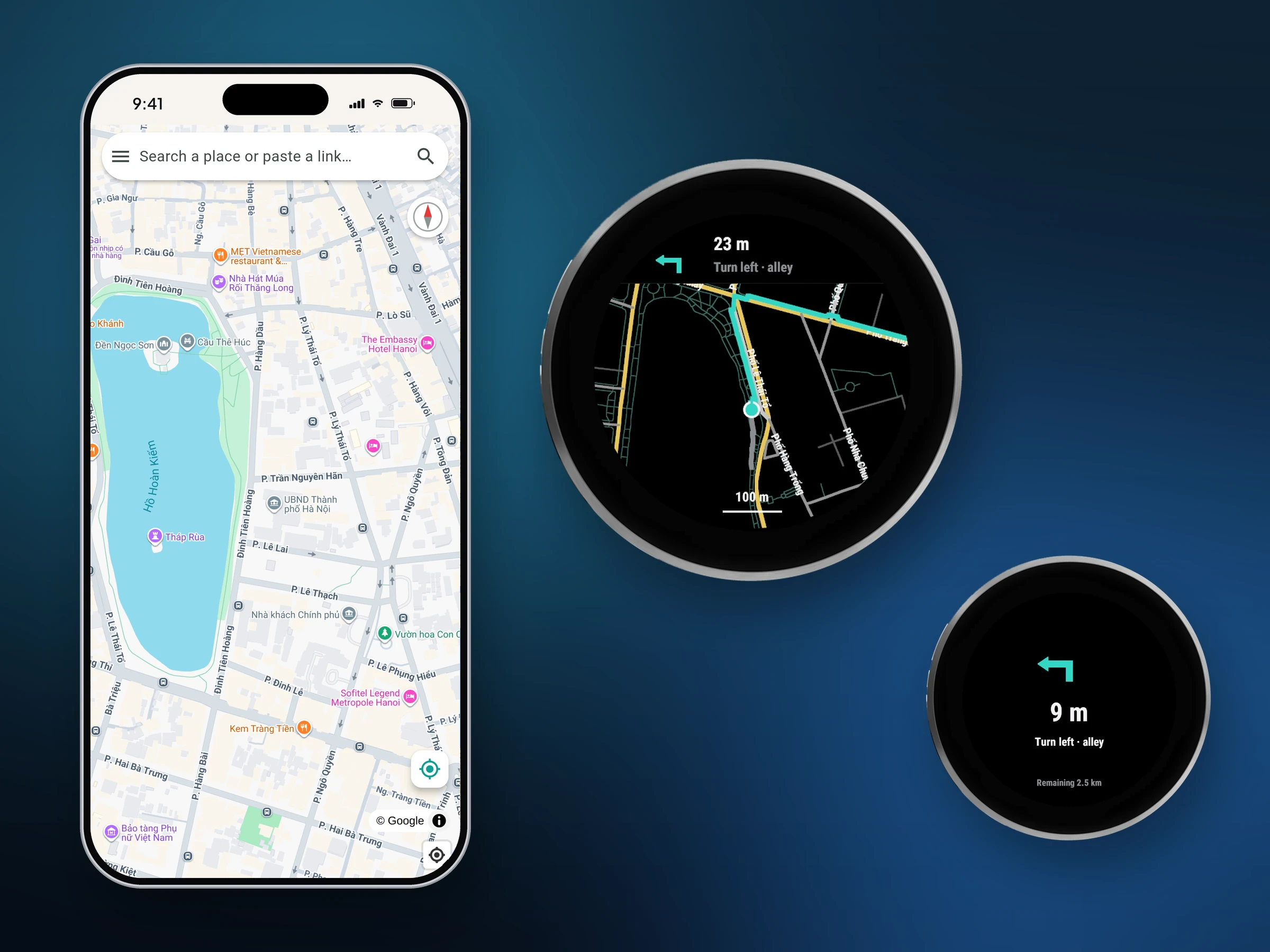 Atlas on the phone and on a Venu 4: the phone picks a place, the watch shows the turn